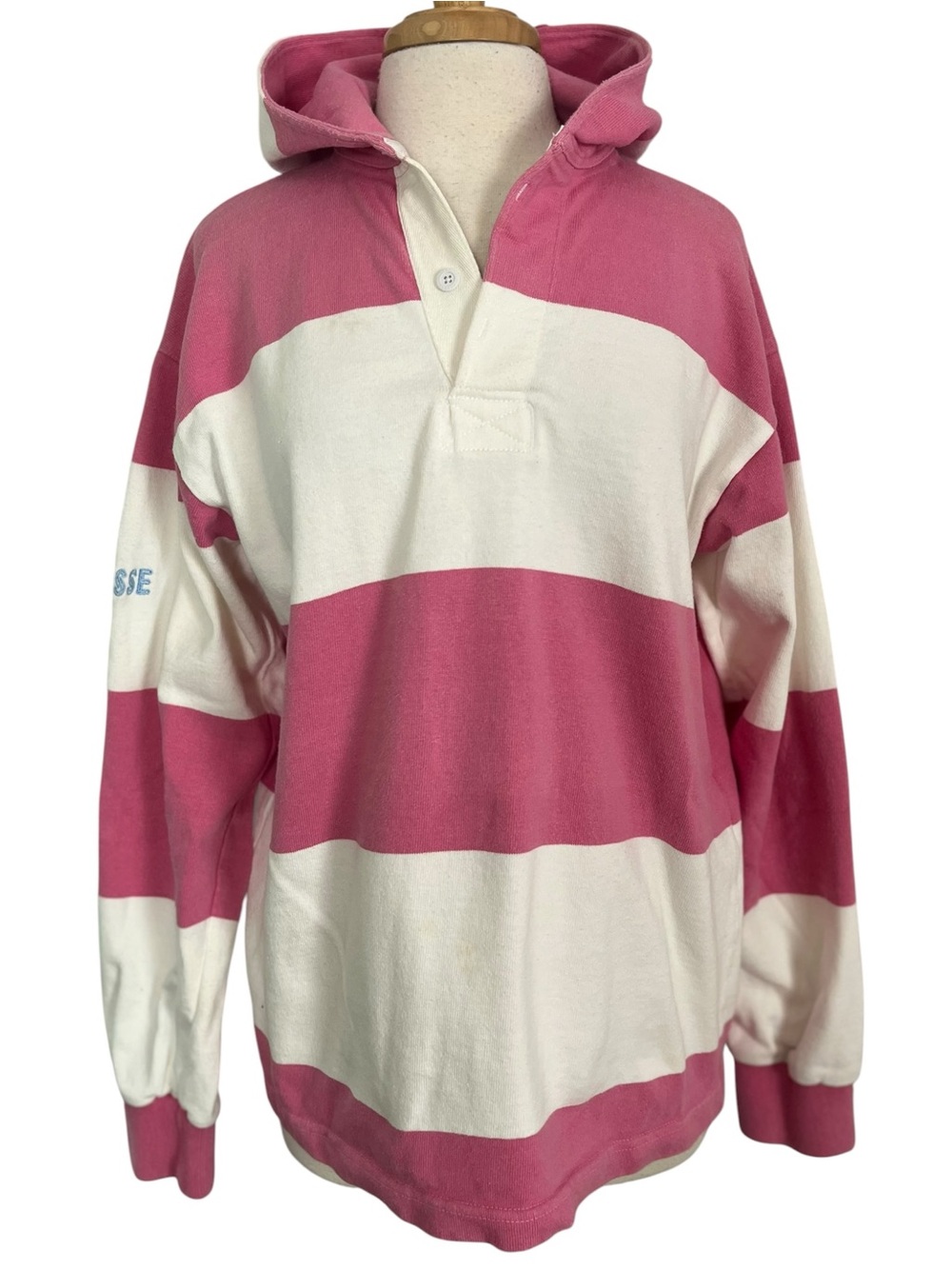 Barbarian Hooded Rugby Shirt Lacrosse Pink White Womens Medium Preppy Sporty